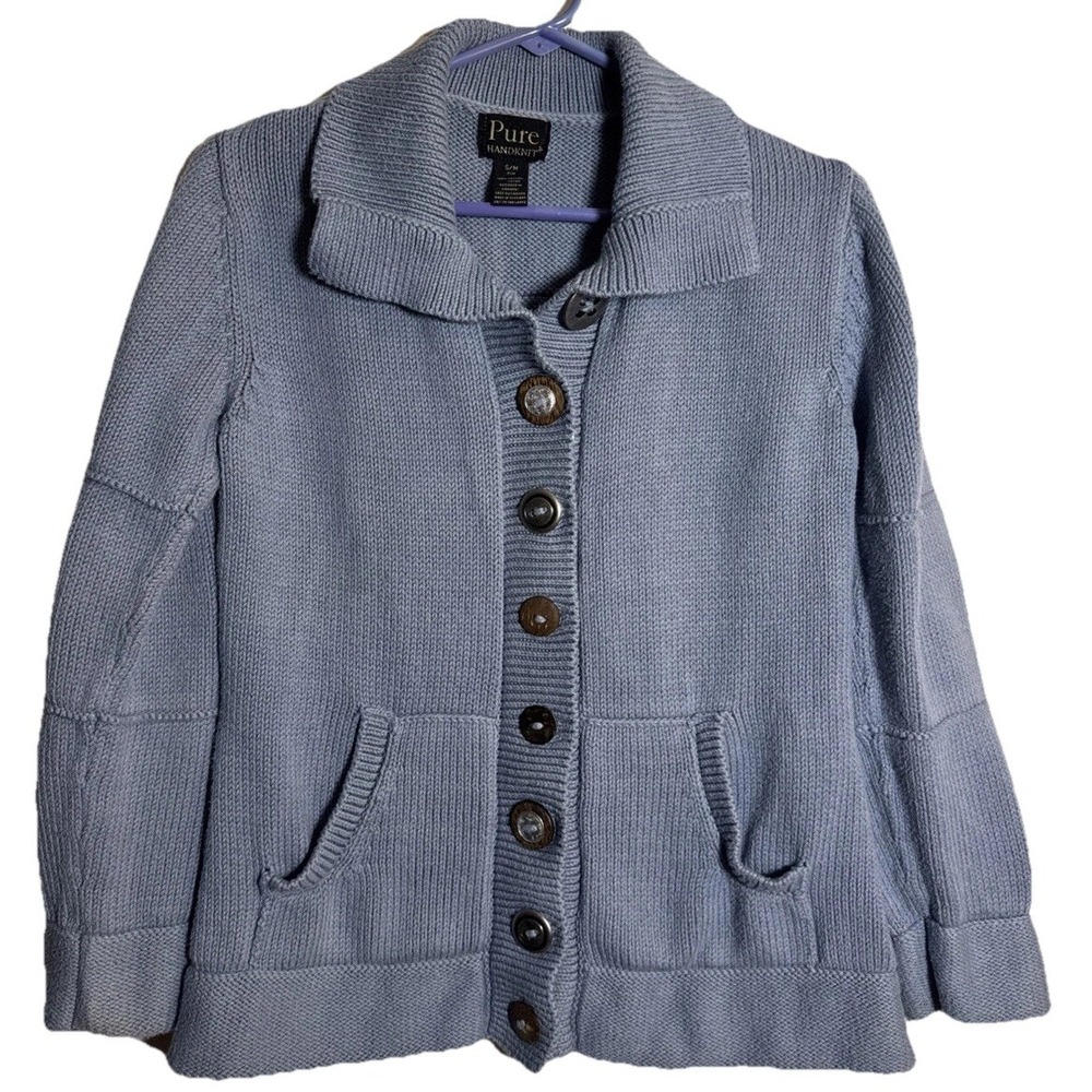 Pure Handknit‎ Cardigan S/M Blue 100% Cotton Button Sweater Jacket Thailand